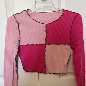 Y2K Patchwork Colorblock Pink Long Sleeve Crop Top, Barbiecore Love Island
